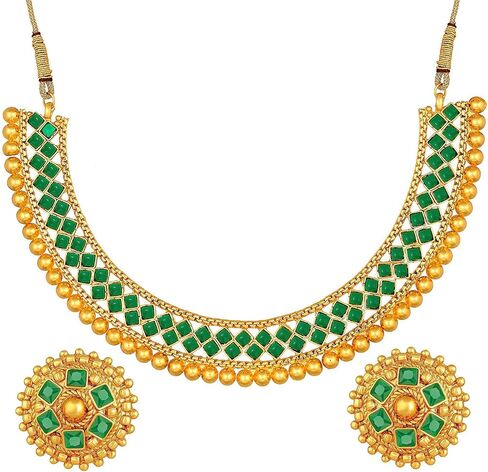 Aheli Ethnic Wedding Party Wear Gold Tone Faux Stone Studded Necklace with Stud Earrings Set Indian Bollywood Fashion Jewelry for Women in Saudi Arabia