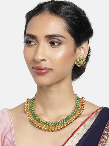 Aheli Ethnic Wedding Party Wear Gold Tone Faux Stone Studded Necklace with Stud Earrings Set Indian Bollywood Fashion Jewelry for Women in Saudi Arabia