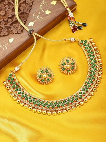 Aheli Ethnic Wedding Party Wear Gold Tone Faux Stone Studded Necklace with Stud Earrings Set Indian Bollywood Fashion Jewelry for Women in Saudi Arabia