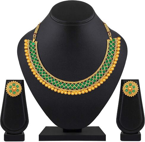 Aheli Ethnic Wedding Party Wear Gold Tone Faux Stone Studded Necklace with Stud Earrings Set Indian Bollywood Fashion Jewelry for Women in Saudi Arabia