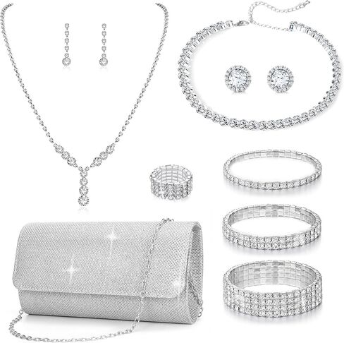 11 قطعة محفظة فضية من الكريستال قلادة وأقراط مجموعة مجوهرات للنساء العروس وحفلات الزفاف المسائية والتنس أساور قابلة للتمدد خاتم فضي من حجر الراين إكسسوارات مجوهرات لامعة للحفلات المسائية in Kuwait