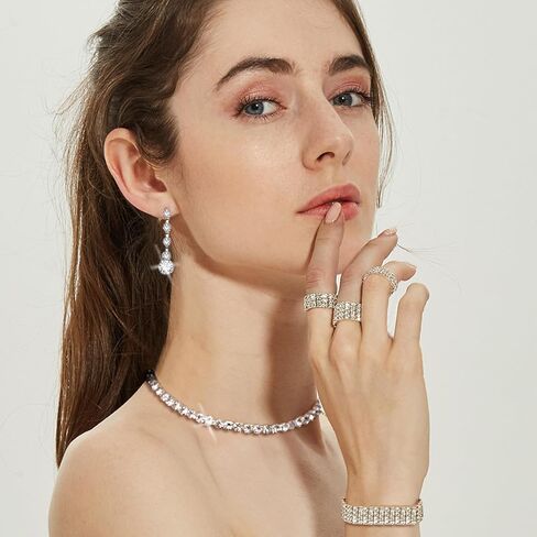 11 قطعة محفظة فضية من الكريستال قلادة وأقراط مجموعة مجوهرات للنساء العروس وحفلات الزفاف المسائية والتنس أساور قابلة للتمدد خاتم فضي من حجر الراين إكسسوارات مجوهرات لامعة للحفلات المسائية in Kuwait