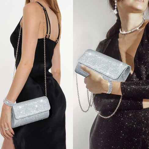 11 قطعة محفظة فضية من الكريستال قلادة وأقراط مجموعة مجوهرات للنساء العروس وحفلات الزفاف المسائية والتنس أساور قابلة للتمدد خاتم فضي من حجر الراين إكسسوارات مجوهرات لامعة للحفلات المسائية in Kuwait