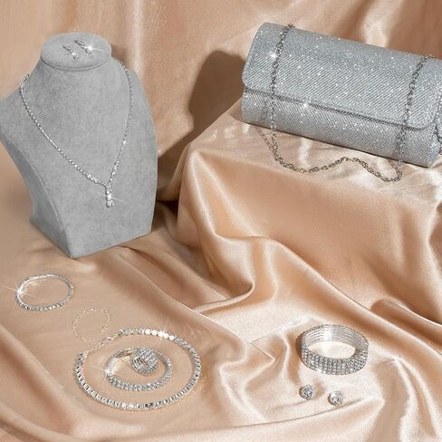 11 قطعة محفظة فضية من الكريستال قلادة وأقراط مجموعة مجوهرات للنساء العروس وحفلات الزفاف المسائية والتنس أساور قابلة للتمدد خاتم فضي من حجر الراين إكسسوارات مجوهرات لامعة للحفلات المسائية in Kuwait