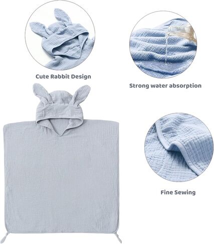 insular Baby Bath Hooded Towel for Toddler, Kids Beach/Pool Towel for Boys Girls,Ultra Soft and Hypoallergenic Muslin Bath Towel, Blue Rabbit in Kuwait