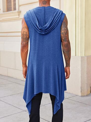 Runcati Mens Hooded Cardigan Sleeveless Ruffle Shawl Collar Open Front Knit Drape Robe in Saudi Arabia