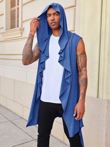 Runcati Mens Hooded Cardigan Sleeveless Ruffle Shawl Collar Open Front Knit Drape Robe in Saudi Arabia