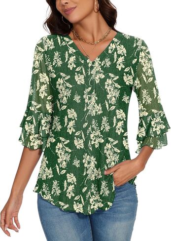 Rapbin بلوزة نسائية أنيقة 3/4 كم طبقات جرس كم طبقات مزدوجة شبكة قميص عصري سترة فلوي in Kuwait