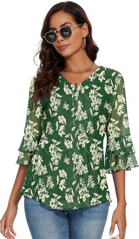 Rapbin بلوزة نسائية أنيقة 3/4 كم طبقات جرس كم طبقات مزدوجة شبكة قميص عصري سترة فلوي in Kuwait