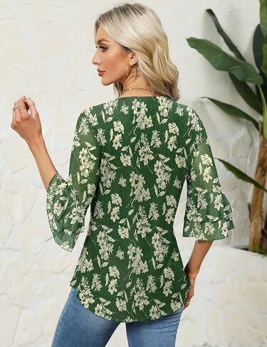 Rapbin بلوزة نسائية أنيقة 3/4 كم طبقات جرس كم طبقات مزدوجة شبكة قميص عصري سترة فلوي in Kuwait