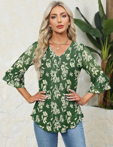 Rapbin بلوزة نسائية أنيقة 3/4 كم طبقات جرس كم طبقات مزدوجة شبكة قميص عصري سترة فلوي in Kuwait