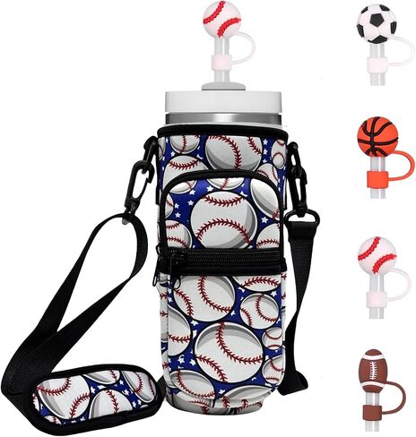Water Bottle Carrier Bag with Detachable Phone Pocket for Stanley 40oz Tumbler with Handle, Adjustable Shoulder Strap Water Bottle Holder 4pcs Straw Covers, for Hiking Travelling Camping in Saudi Arabia