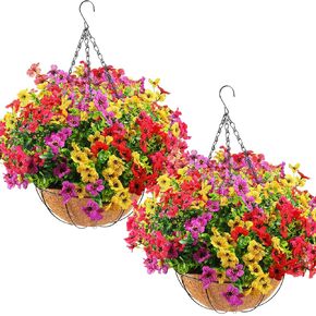 2 Pcs Artificial Hanging Flowers in Basket 12 inch Coconut Lining Baskets with Fake Hanging Flowers Plants for Patio Garden Porch Courtyard Outdoor Indoor Decoration