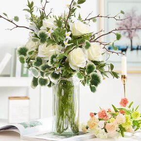Fake Rose Flower, 6 pcs Artificial White Silk Flower Picks, Real Touch Flowers Bouquet Arrangement for Table Centerpieces, Wedding Home Office Kitchen Décor
