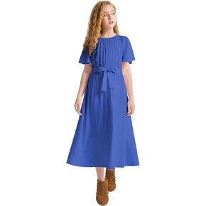 LaBeca Girls Elastic Crew Neck Butterfly Short Sleeve Midi Belted Dress with Pocket Bright Blue 150Y