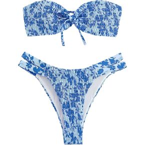 GORGLITTER Women's Strapless Bikini Set Bow Floral Bandeau Swimsuit String High Waisted Bathing Suit