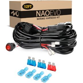 NAOEVO 12FT LED Light Bar Wiring Harness Kit 16AWG 2 Leads 12V On Off Waterproof Switch Power Relay Blade Fuse for Off Road Lights LED Work Light(12FT)