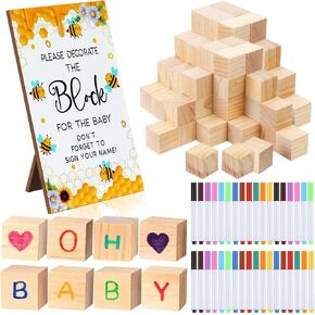 117 Pcs Baby Shower Block Games Sign Kit 80 Blocks Including Decorate a Block Game Sign 80 DIY Blank Wooden Block 36 Acrylic Marker Baby Shower Block Game for Guests Party(Bee, 12 Colors)