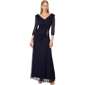Alex Evenings Women's Long Mesh Dress with Portrait Collar and Embellished Hip Detail