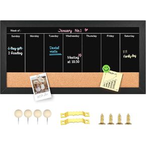 Magnetic Weekly Chalkboard Calendar and Cork Board, Wood Framed Combination Chalk Board and Bulletin Baoard for Walls, Blackboard Combo Board for Home Office and Wall Decor(WH,2040,1pc)