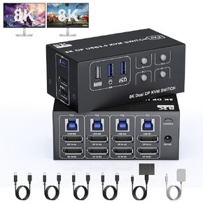 8K USB 3.0 KVM Switch 2 Monitors 4 Computers Displayport 8K@60Hz 4K@144Hz,Dual Monitor KVM Switch 4 Port with USB 3.0,DP 1.4 KVM Switch Display Port Aluminum for 2 PC/Laptop,Shares One Mouse Keyboard