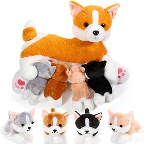 Honoson Nurturing Dog Mommy Plush Set with 4 Baby Puppies Soft Cute Dog Themed Stuffed Plush Toys for Kids Girls Boys Easter Birthday Gifts(Dachshund Dog)
