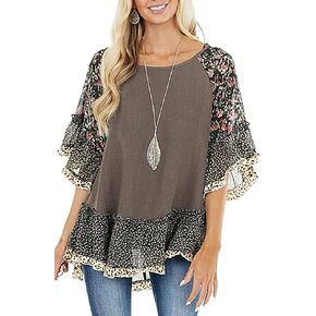 Womens Crew Neck Casual Pullover 3/4 Sleeve Boho Floral Blouses Loose Tops Shirt Sweatshirts S - 5XL