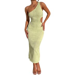 Uni Clau Women's Summer One Shoulder Bodycon Midi Dresses Sexy Texture Sleeveless Waist Cut Out Vacation Dress