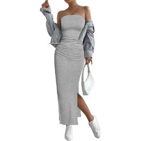 OYOANGLE Women's Strapless Sleeveless Split Thigh Ribbed Knit Bodycon Maxi Tube Dress