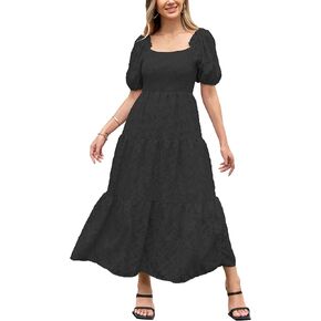 فستان نسائي صيفي قصير بأكمام منتفخة مكشوفة الأكتاف فستان منقوش عليه زهور دانتيل متدفق على شكل حرف A فساتين متوسطة الطول متدرجة in Kuwait