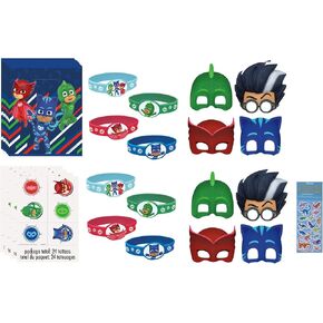 PJ Masks Birthday Party Supplies Favor Bundle Pack includes 8 Loot Bags, 8 Bracelets, 24 Tattoos, 8 Party Paper Masks, 1 Dinosaur Sticker Sheet