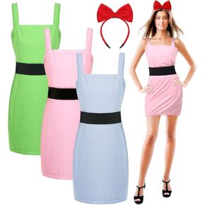 3 Set Group Halloween Costume for Women with Pink Green Blue tank Dress Wide Cinch Belt Elastic Black Waist Belts Stretchy Red Bow Headband for Halloween Party Character Cosplay