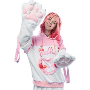 Womens Pullover Hoodie with Detachable Bag Design Furry Cat Paw Gloves Strawberry Milk Cat Style