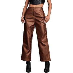 WDIRARA Women's Pu Leather Metallic Straight Leg Zipper Fly Shiny Elegant Pants Trousers with Pocket