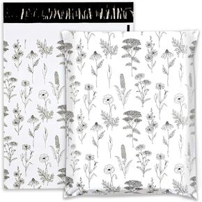 100Pcs Wildflowers Poly Mailers Black White Floral Packaging Bags Self Seal Mailing Envelope Bags for Clothing Documents Gifts Wrapping
