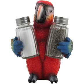 Tropical Parrot Glass Salt and Pepper Shaker Set with Holder Figurine for Beach Bar or Restaurant & Nautical Kitchen Table Decor or Decorative Macaw and Bird Sculpture Spice Rack Gifts