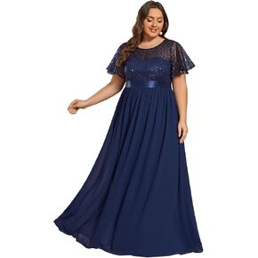Ever-Pretty Plus Women's A Line Crew Neck Short Sleeve Sequin Plus Size Floor Length Formal Dresses 02126-DA