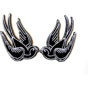 TH Set of 2 Tiny. Mini Black Little Bird Tattoo Swallow Dove Sparrow Cute Cartoon1 Logo Patches Sew Iron on Embroidered Applique Badge Sign Patch Clothing Costume