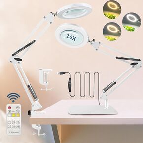 قاعدة ومشبك كبير للمكبر 10X، عدسة مكبرة مع ضوء وحامل، 3 أوضاع للألوان 10 مصابيح مكبرة بذراع متأرجح قابلة للتعديل للعمل عن قرب، والحرف اليدوية، والرسم، والإصلاح. (أبيض) in Kuwait