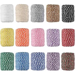 HULISEN Colorful Bakers Twine, 15 Rolls 2mm 3 Strands Cotton String for Cooking, Artworks, DIY Crafts, Plant Hanger and Embellishments, Festive Twine for Gift Wrapping (Each 164 Feet)