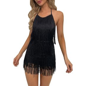 IBTOM CASTLE Women Sexy Fringe Dress Jumpsuit Backless Boho Tassel Tiered Halter Playsuit Night Club Cocktail Bodycon Romper