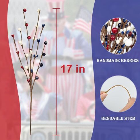 ديكورات الرابع من يوليو، 18 حزمة من التوت الاصطناعي باللون الأحمر والأبيض والأزرق مقاس 17 بوصة، من اختيارات وطنية لحفلات عيد الاستقلال وديكور المنزل in Kuwait