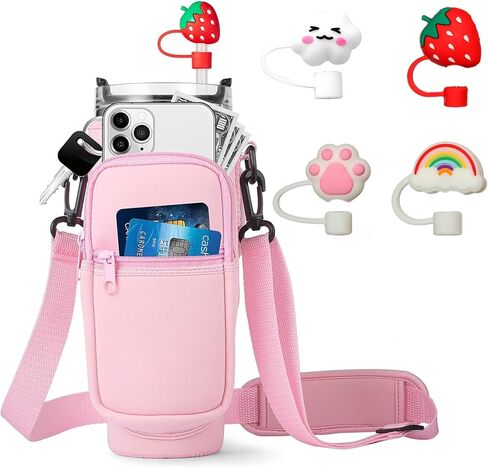 Water Bottle Carrier Bag with Detachable Phone Pocket for Stanley 40oz Tumbler with Handle, Adjustable Shoulder Strap Water Bottle Holder 4pcs Straw Covers, for Hiking Travelling Camping in Saudi Arabia