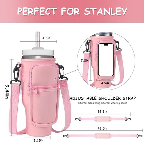 Water Bottle Carrier Bag with Detachable Phone Pocket for Stanley 40oz Tumbler with Handle, Adjustable Shoulder Strap Water Bottle Holder 4pcs Straw Covers, for Hiking Travelling Camping in Saudi Arabia