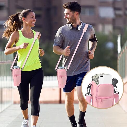 Water Bottle Carrier Bag with Detachable Phone Pocket for Stanley 40oz Tumbler with Handle, Adjustable Shoulder Strap Water Bottle Holder 4pcs Straw Covers, for Hiking Travelling Camping in Saudi Arabia