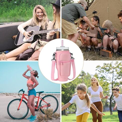 Water Bottle Carrier Bag with Detachable Phone Pocket for Stanley 40oz Tumbler with Handle, Adjustable Shoulder Strap Water Bottle Holder 4pcs Straw Covers, for Hiking Travelling Camping in Saudi Arabia