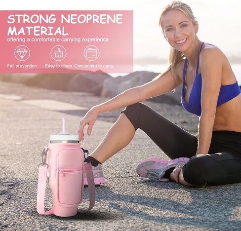 Water Bottle Carrier Bag with Detachable Phone Pocket for Stanley 40oz Tumbler with Handle, Adjustable Shoulder Strap Water Bottle Holder 4pcs Straw Covers, for Hiking Travelling Camping in Saudi Arabia