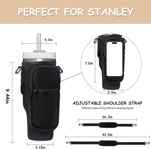 Water Bottle Carrier Bag with Detachable Phone Pocket for Stanley 40oz Tumbler with Handle, Adjustable Shoulder Strap Water Bottle Holder 4pcs Straw Covers, for Hiking Travelling Camping in Saudi Arabia
