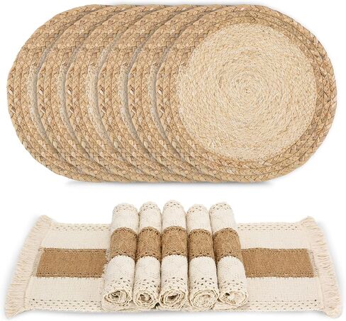 Handmade Boho Placemats Set of 4 - Natural Cotton Burlap and Water Straw Woven Combination Table Mats, Macrame Décor and Farmhouse Style Placemats, for Dining Table Kitchen in Saudi Arabia