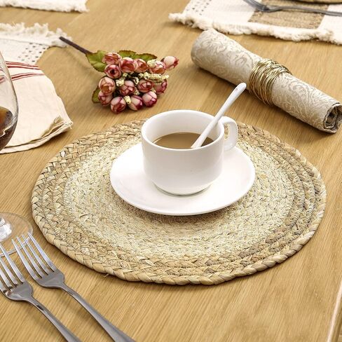 Handmade Boho Placemats Set of 4 - Natural Cotton Burlap and Water Straw Woven Combination Table Mats, Macrame Décor and Farmhouse Style Placemats, for Dining Table Kitchen in Saudi Arabia
